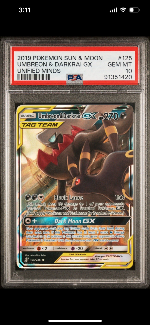 2019 POKEMON SUN & MOON UNIFIED MINDS #125 UMBREON & DARKRAI GX PSA 10