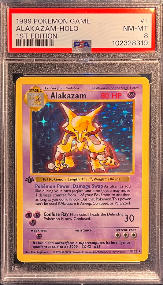 Pokemon 1999 Base Set 1st Edition Holo Alakazam #1 PSA 8 NM-MT