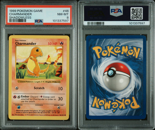 1999 Charmander 046/102 Base Set (Shadowless) PSA 8